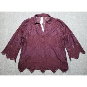 Chicos Blouse Womens 2 Maroon Lace Collared V-Neck Pullover Bell Sleeve New
